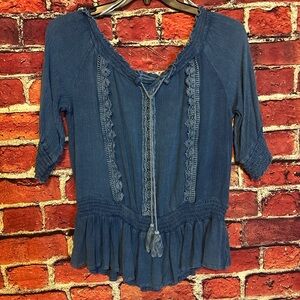 South Main Blue Faux Denim Peasant Top